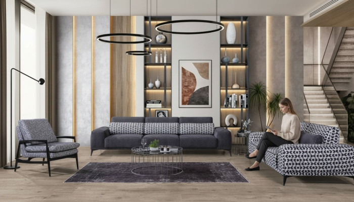 Sala de estar gris Conjunto de asientos Exclusivo, sofá de tres plazas de un lugar. Unidad de 3 piezas 4+3+1