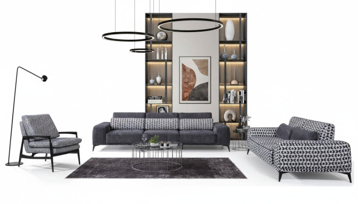 Sala de estar gris Conjunto de asientos Exclusivo, sofá de tres plazas de un lugar. Unidad de 3 piezas 4+3+1