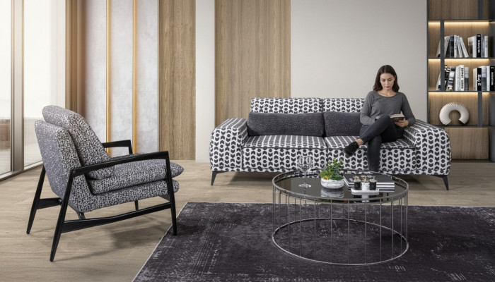 Sofá textil de tres plazas para sala de estar gris, sofá de lujo de la sala de estar y sillón tipo lounge de 2 piezas.