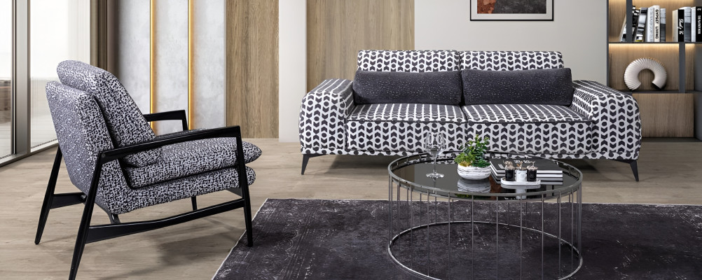 Sofá textil de tres plazas para sala de estar gris, sofá de lujo de la sala de estar y sillón tipo lounge de 2 piezas.