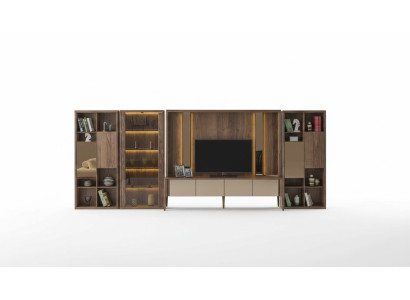 Mueble de pared marrón moderno con estanterías LED en madera para la sala de estar.
