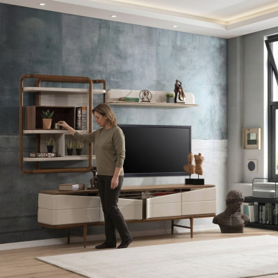 Sala de estar beige Conjunto de muebles RTV-Lowboard 2 estanterías de madera Muebles de diseñador