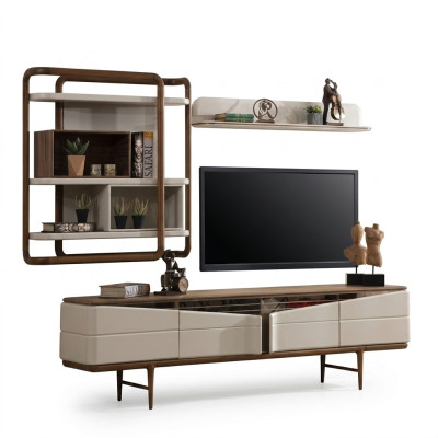 Sala de estar beige Conjunto de muebles RTV-Lowboard 2 estanterías de madera Muebles de diseñador