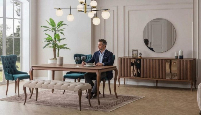 Muebles de comedor marrones y blancos Chesterfield de diseñador, banco de lujo y mesa de comedor.