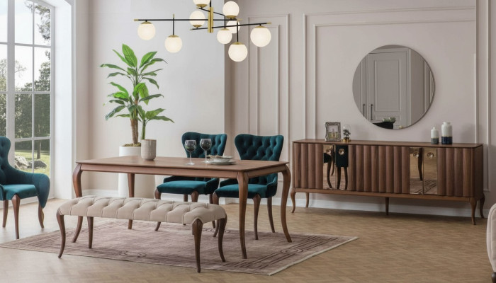 Muebles de comedor marrones y blancos Chesterfield de diseñador, banco de lujo y mesa de comedor.