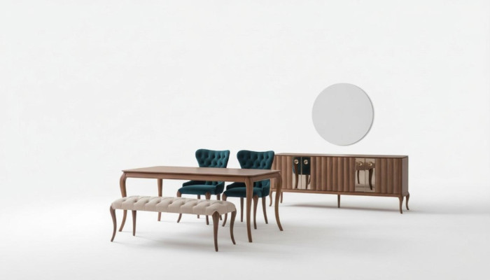 Muebles de comedor marrones y blancos Chesterfield de diseñador, banco de lujo y mesa de comedor.