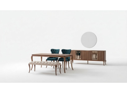 Muebles de comedor marrones y blancos Chesterfield de diseñador, banco de lujo y mesa de comedor.