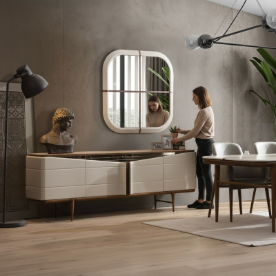 Set de comedor beige Aparador Espejo rectangular de lujo Muebles de madera