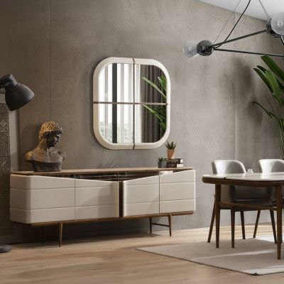 Set de comedor beige Aparador Espejo rectangular de lujo Muebles de madera