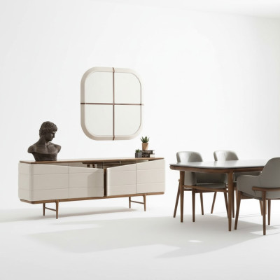 Set de comedor beige Aparador Espejo rectangular de lujo Muebles de madera