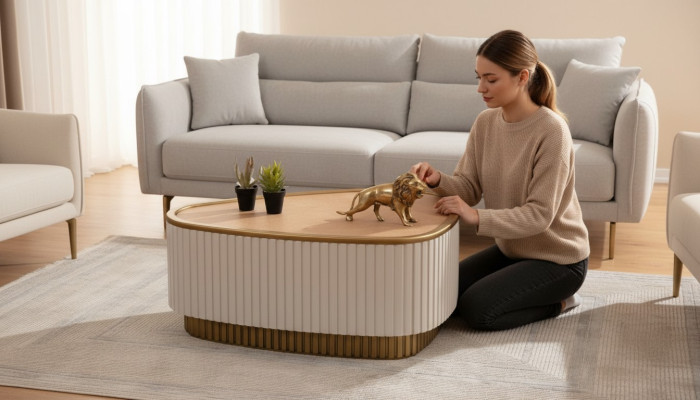 Mesa de centro triangular en blanco y marrón para la sala de estar, mesas de madera.