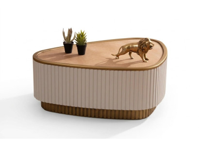 Mesa de centro triangular en blanco y marrón para la sala de estar, mesas de madera.