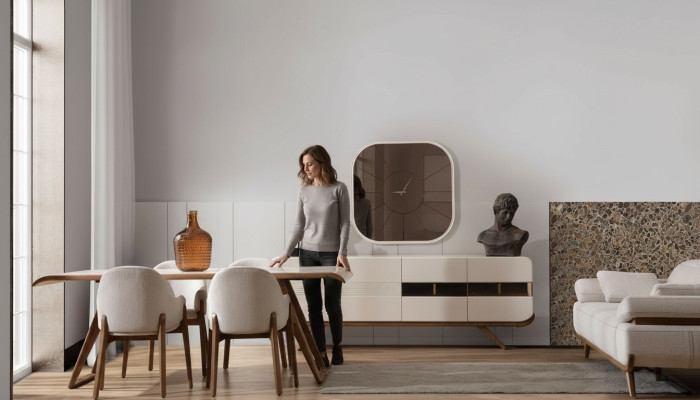 Conjunto de comedor marrón y blanco Moderna mesa de comedor 6 sillas acolchadas 9 piezas