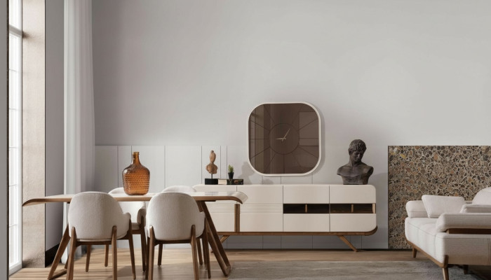 Conjunto de comedor marrón y blanco Moderna mesa de comedor 6 sillas acolchadas 9 piezas