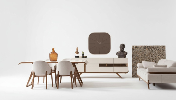 Conjunto de comedor marrón y blanco Moderna mesa de comedor 6 sillas acolchadas 9 piezas