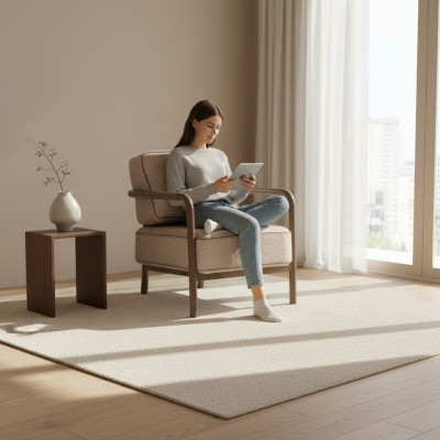 Moderno sillón beige de un asiento, diseño de sillón con reposabrazos para sala de estar.