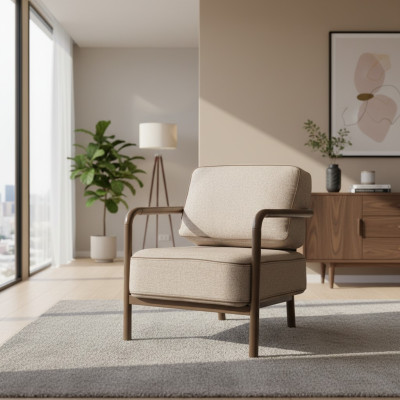 Moderno sillón beige de un asiento, diseño de sillón con reposabrazos para sala de estar.
