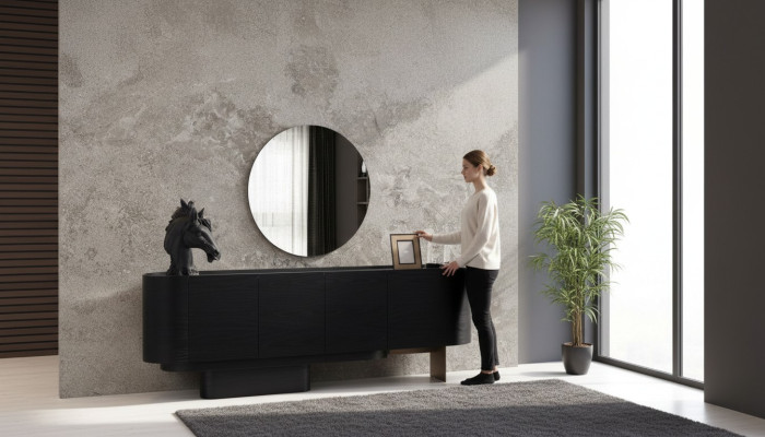 Muebles negros para el comedor, un elegante aparador con espejo y cómoda de madera.