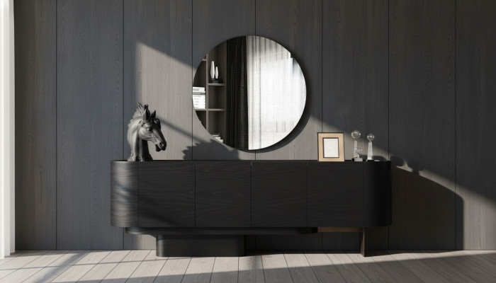 Muebles negros para el comedor, un elegante aparador con espejo y cómoda de madera.