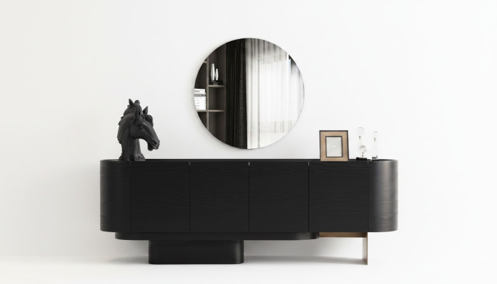 Muebles negros para el comedor, un elegante aparador con espejo y cómoda de madera.