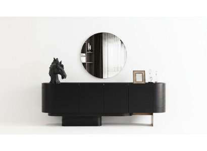 Muebles negros para el comedor, un elegante aparador con espejo y cómoda de madera.