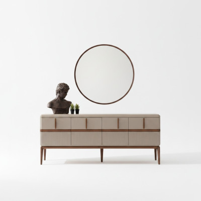 Muebles de comedor beige de lujo de madera aparador de cristal con espejo de 4 puertas en un conjunto de 2 piezas.