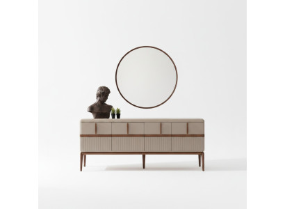 Muebles de comedor beige de lujo de madera aparador de cristal con espejo de 4 puertas en un conjunto de 2 piezas.