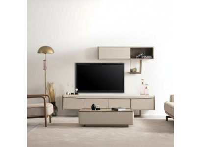 Mueble beige de salón de madera con diseño de estantería de diseñador, lujoso.