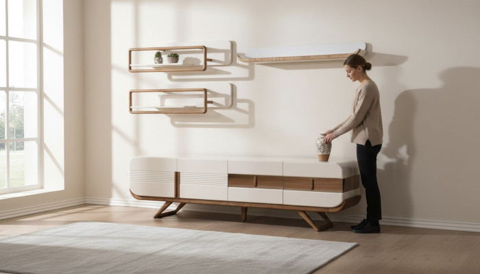 Sala de estar blanca Mueble de pared Diseño Lowboard 2x Estanterías Muebles de madera 4 piezas