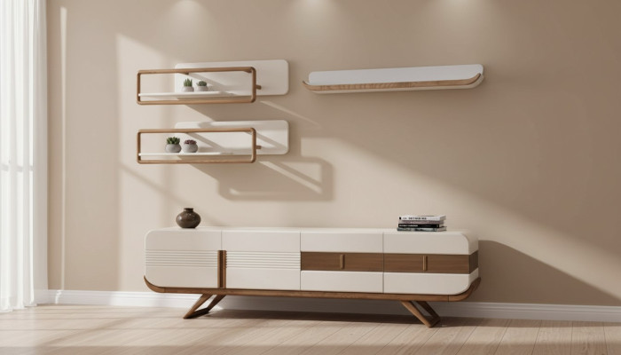 Sala de estar blanca Mueble de pared Diseño Lowboard 2x Estanterías Muebles de madera 4 piezas