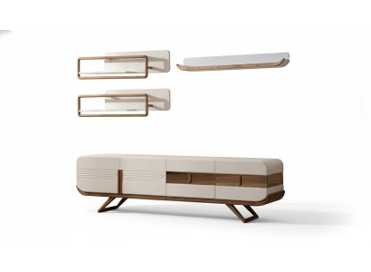 Sala de estar blanca Mueble de pared Diseño Lowboard 2x Estanterías Muebles de madera 4 piezas