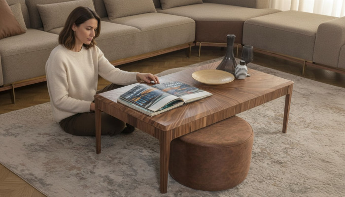 Elegante mesa de centro rectangular marrón para salón de madera.