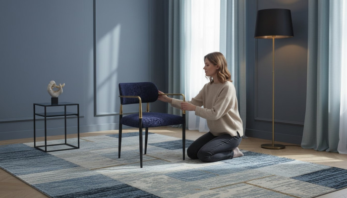 Moderna silla azul armazón de acero inoxidable textil silla de comedor muebles.