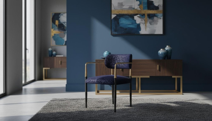 Moderna silla azul armazón de acero inoxidable textil silla de comedor muebles.