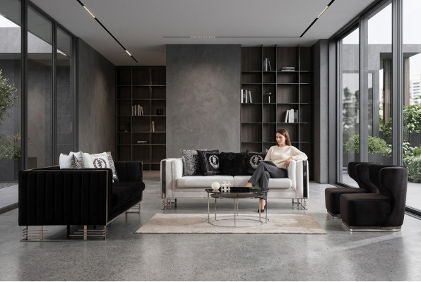 Sofás blancos y negros. Conjunto de lujo para la sala de estar. Sofá de tres plazas y sillón, set de 4 piezas.