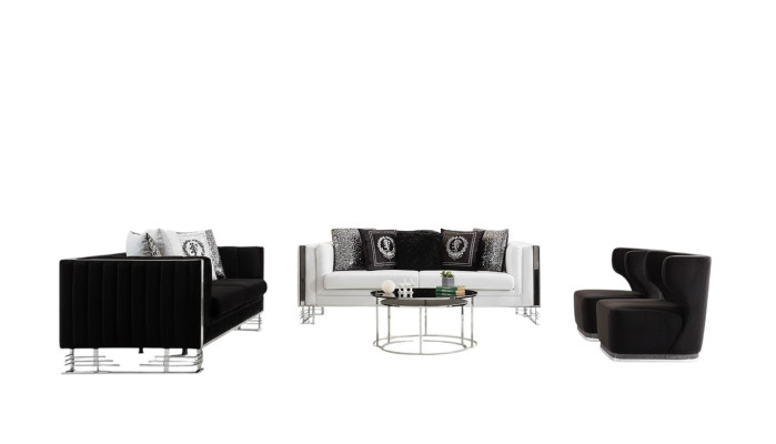Sofás blancos y negros. Conjunto de lujo para la sala de estar. Sofá de tres plazas y sillón, set de 4 piezas.