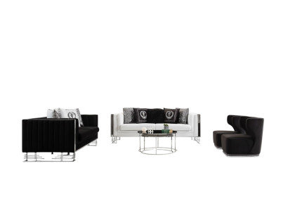 Sofás blancos y negros. Conjunto de lujo para la sala de estar. Sofá de tres plazas y sillón, set de 4 piezas.