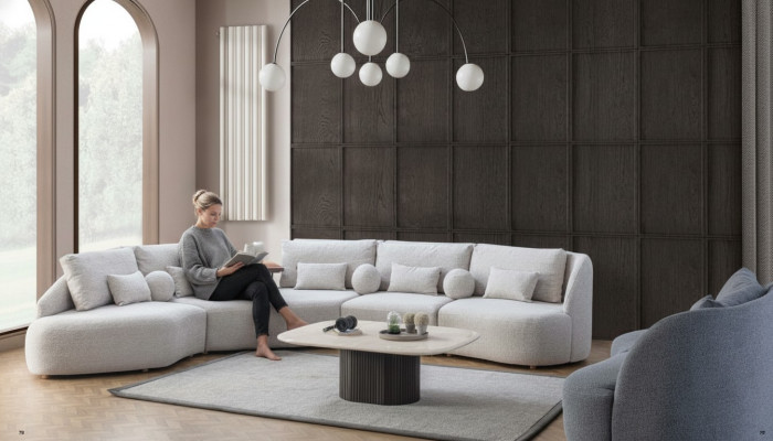 Sofá esquinero blanco moderno en forma de L, sofá de salón con marco de madera.