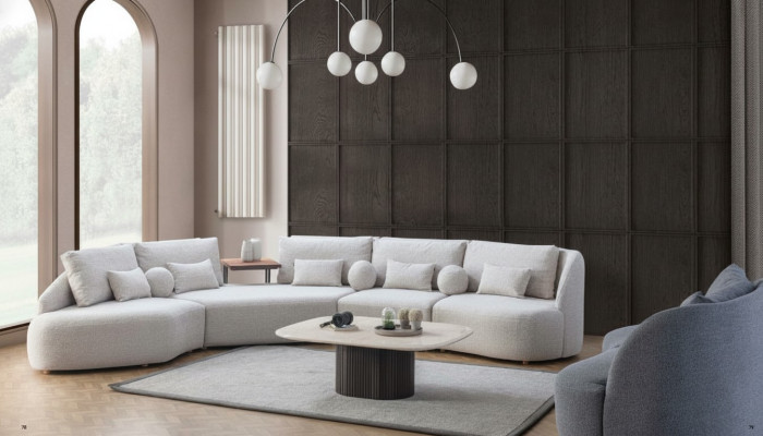 Sofá esquinero blanco moderno en forma de L, sofá de salón con marco de madera.