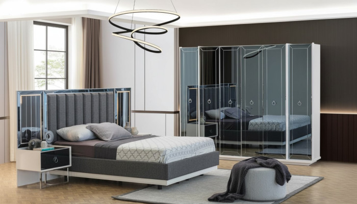 Conjunto de dormitorio de diseñador, cama doble, mesita de noche, armario.