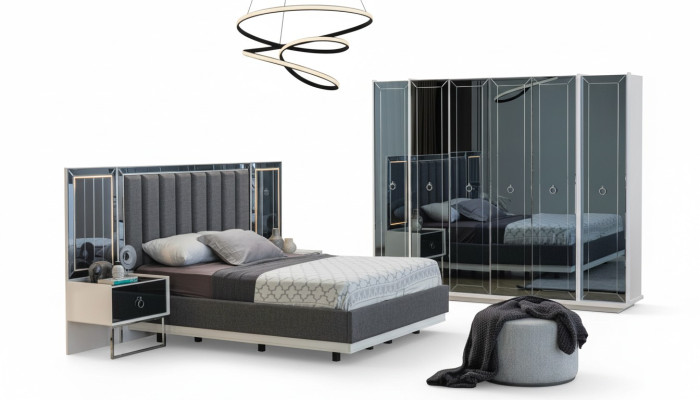 Conjunto de dormitorio de diseñador, cama doble, mesita de noche, armario.