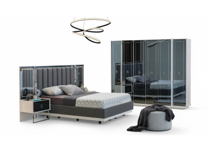 Conjunto de dormitorio de diseñador, cama doble, mesita de noche, armario.