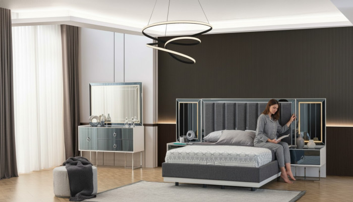 Muebles modernos para dormitorio en gris y blanco, mesitas de noche de madera, cama doble de 5 piezas.