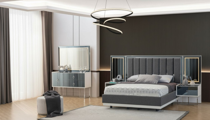 Muebles modernos para dormitorio en gris y blanco, mesitas de noche de madera, cama doble de 5 piezas.