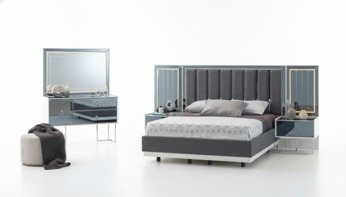 Muebles modernos para dormitorio en gris y blanco, mesitas de noche de madera, cama doble de 5 piezas.