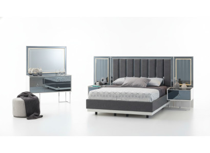 Muebles modernos para dormitorio en gris y blanco, mesitas de noche de madera, cama doble de 5 piezas.