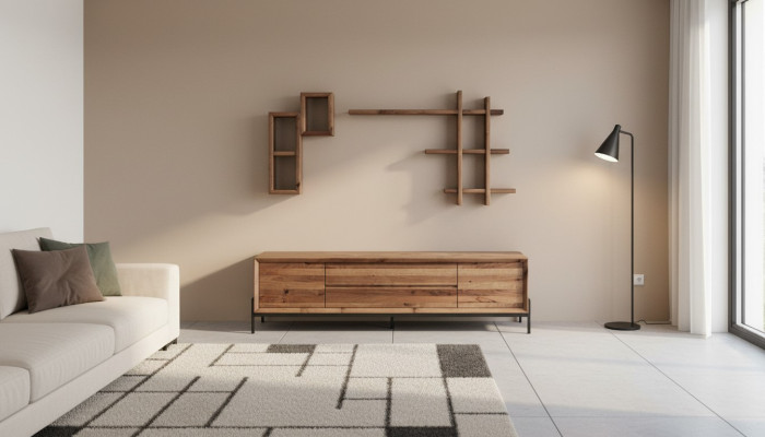 Mueble de salón moderno de 3 puertas marrón con estantes de madera