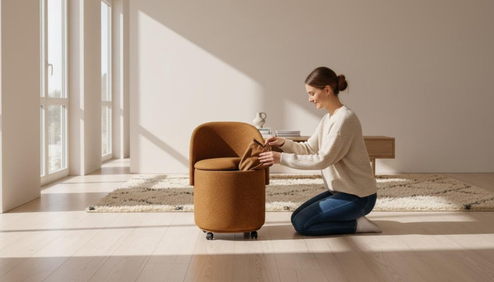 Silla de diseño naranja con almacenamiento, silla taburete. Muebles de comedor.