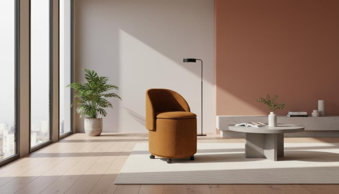 Silla de diseño naranja con almacenamiento, silla taburete. Muebles de comedor.