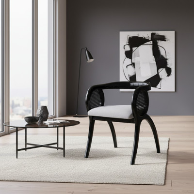 Silla de diseñador gris y negro. Lujoso sillón de una plaza para comedor.